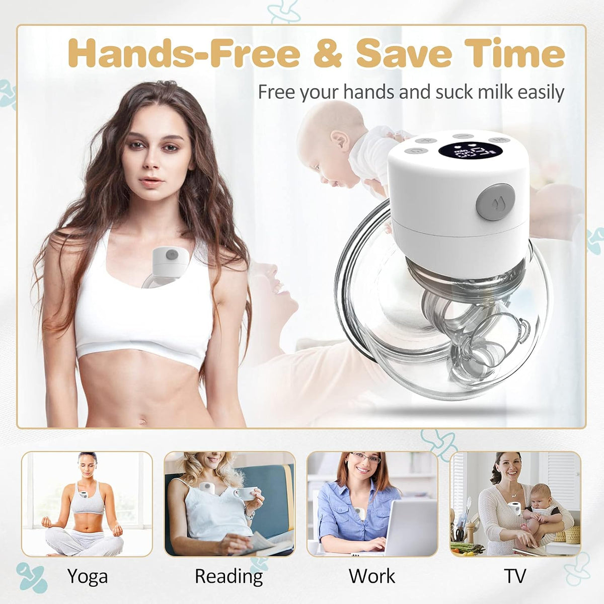 Electric Wearable Breast Pump, Hands Free, Portable, 2 Mode & 9 Levels, LCD Display V22433