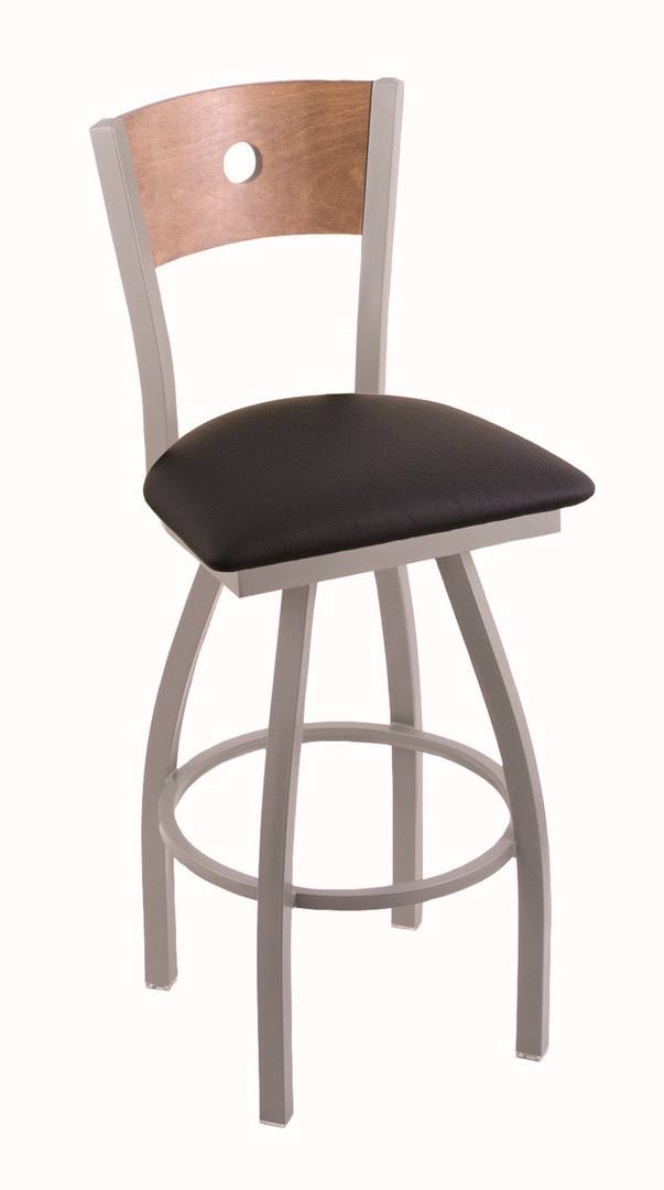 36x22 Bar Stool with Anodized Nickel Finish, Medium Oak Back and Swivel Seat, Black Vinyl L506