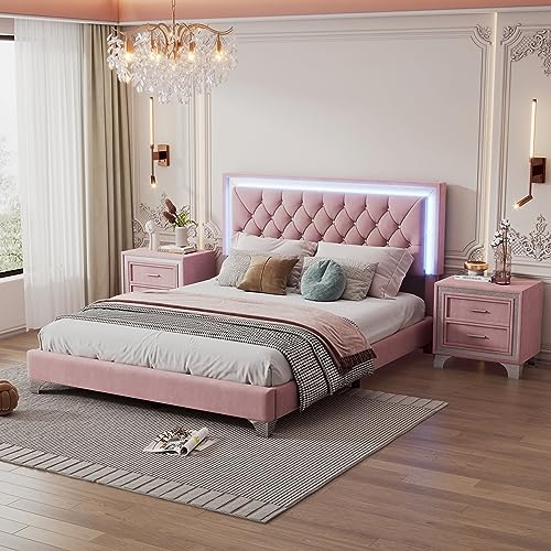 Queen Size Velvet Upholstered Platform Bed with 2 Nightstands X262397
