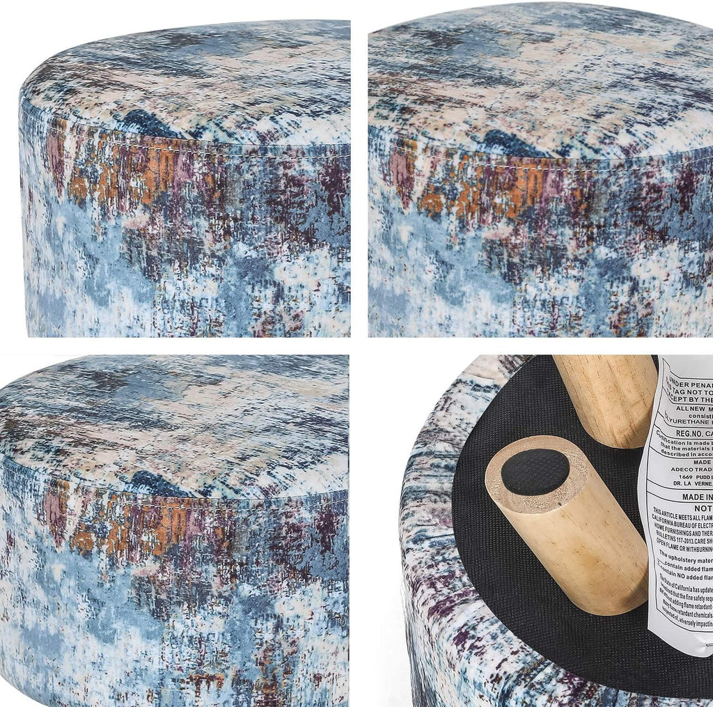 Round Linen Fabric Ottoman with Wooden Legs L48699