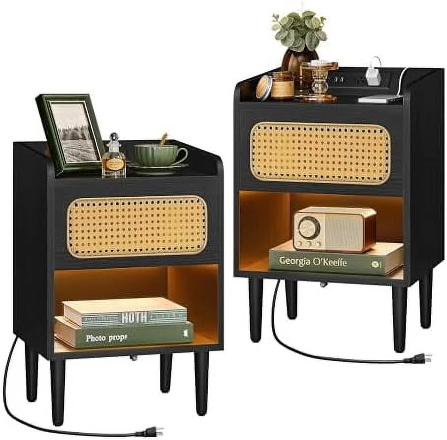 Oak Beige Nightstands with Charging Station N49645