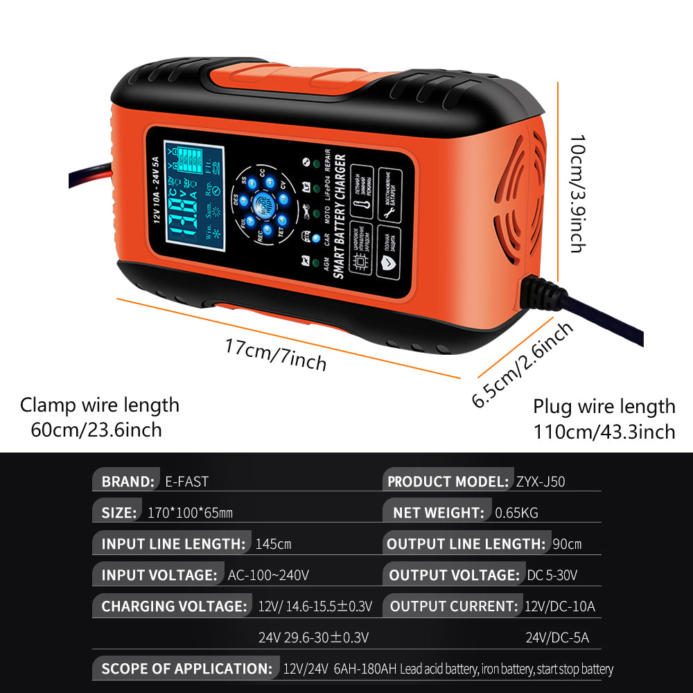 12V/12A 24V/6A Smart Battery Charger for LiFePO4 Lead-Acid AGM Wet Gel Battery J2578