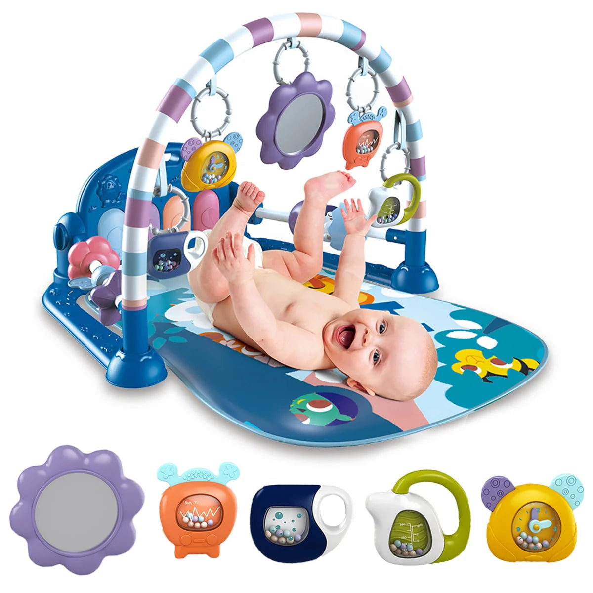 Baby Gym Play Mat 3 in 1 Fitness Rack with Music and Lights Blue W32707
