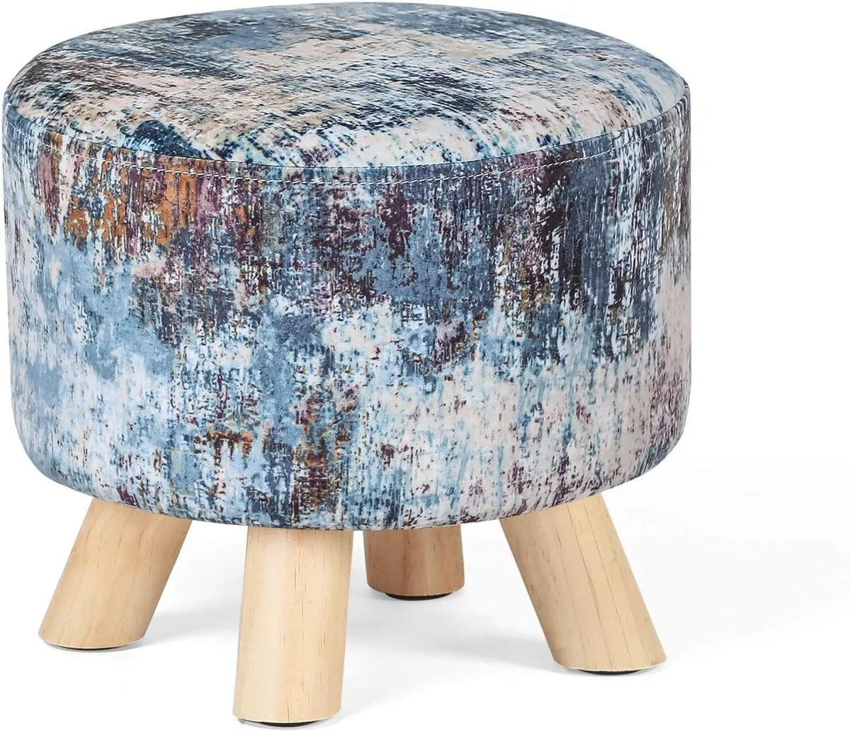 Round Linen Fabric Ottoman with Wooden Legs L48699