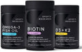 Vegan Biotin 10,000 mcg 120 Softgels, Omega 3 Fish Oil 1250 mg 90 Count and Vitamin D3 5000iu + K2 100mcg 60 Softgels D118