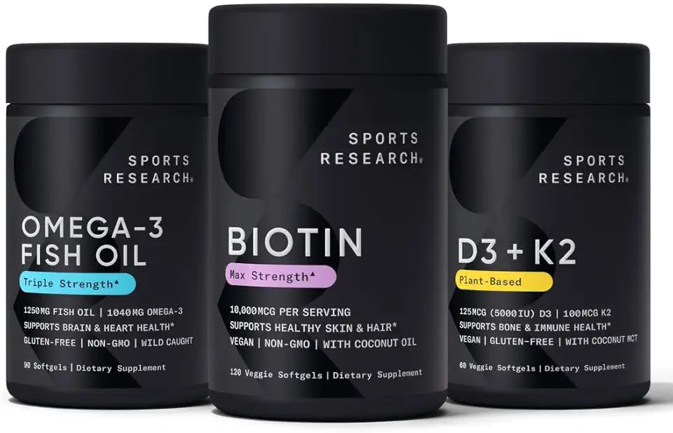 Vegan Biotin 10,000 mcg 120 Softgels, Omega 3 Fish Oil 1250 mg 90 Count and Vitamin D3 5000iu + K2 100mcg 60 Softgels D118