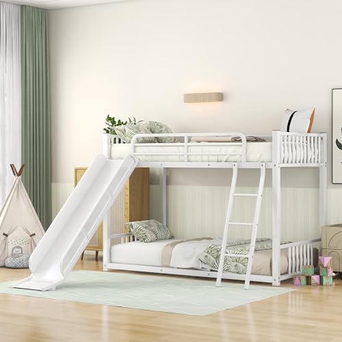 Twin Over Twin Low Bunk Bed with Slide and Ladder Y621