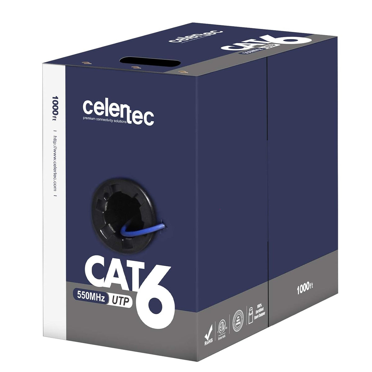 CAT6 Ethernet Cable, 1000ft, 23AWG Solid Bare Copper, UTP, 550MHz, Bulk Pull Box - Blue M275465