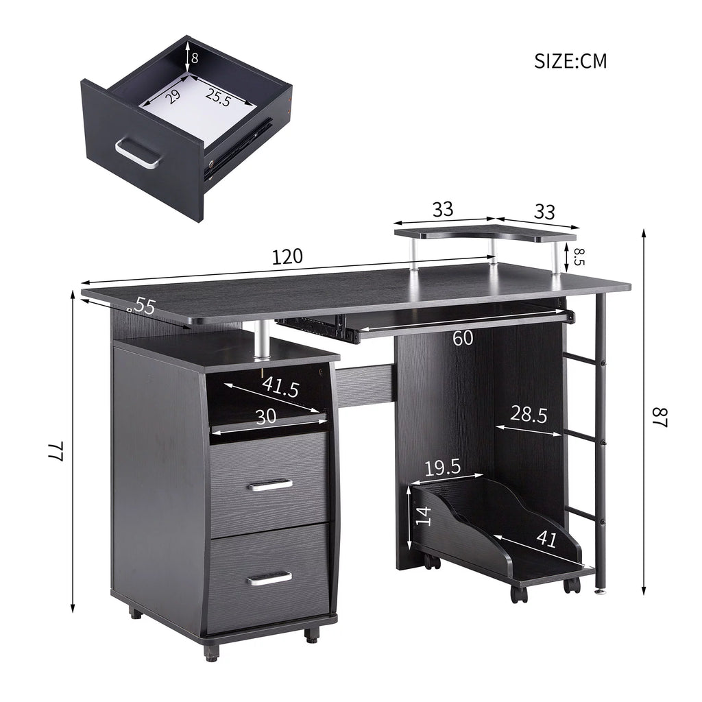Black Single Solid Wood Computer Desk with Storage Shelves and File Cabinet E588982