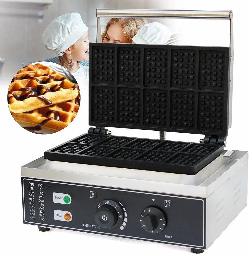 Square Waffle Iron, 10Pcs Nonstick Dual Heating Electric Waffle Machine E410