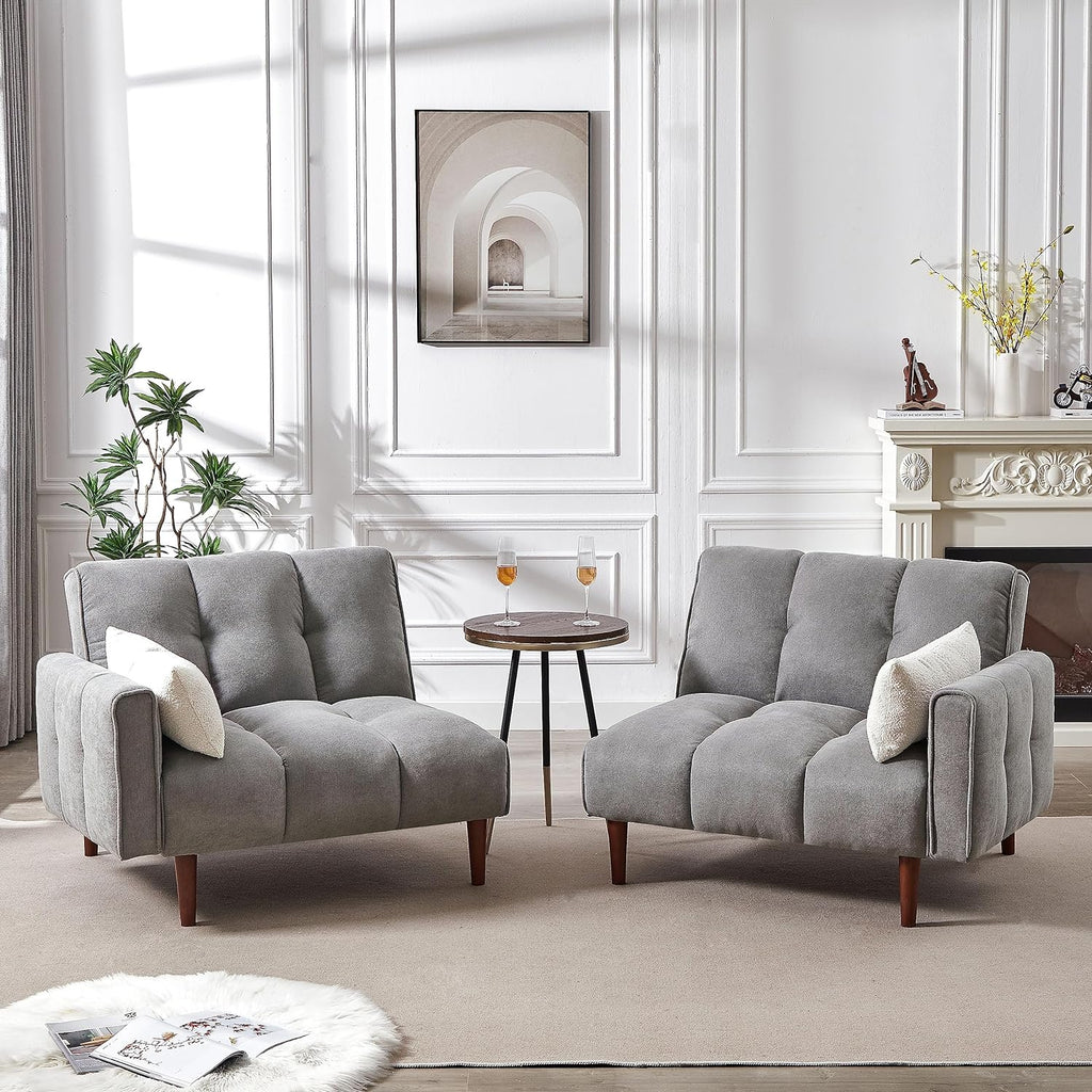 Grey Fabric Upholstered Futon Sofa Bed with Wooden Legs and 2 Pillows R1833