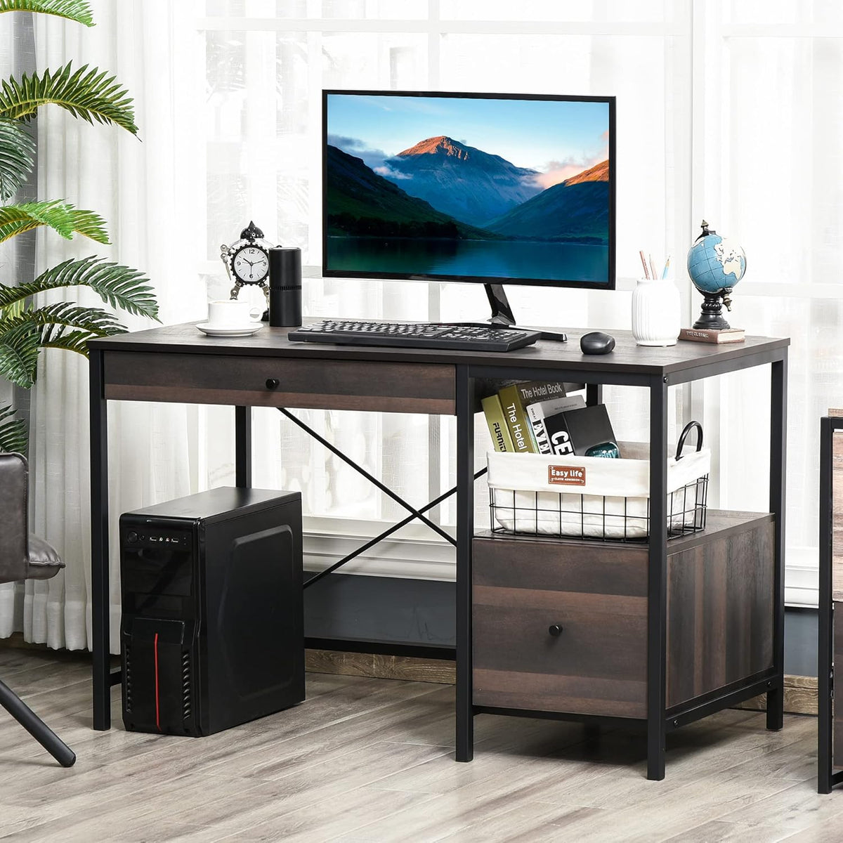 Black Walnut Home Office Desk with Filing Cabinet A754