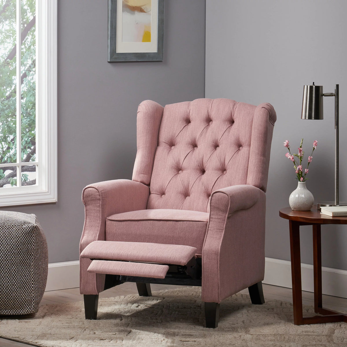 Light Blush Tufted Fabric Push Back Recliner Q568