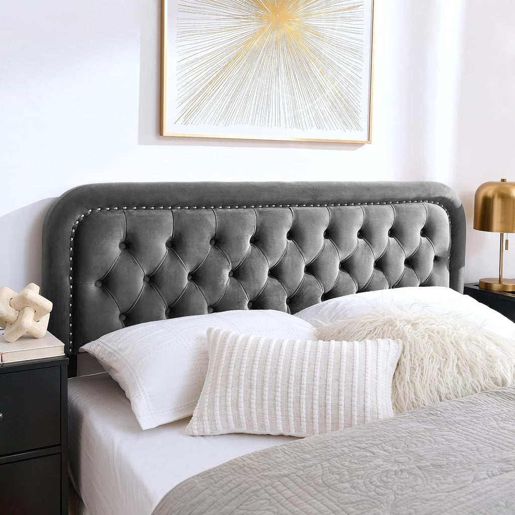 Grey Velvet Full Size Tufted Upholstered Headboard L9751
