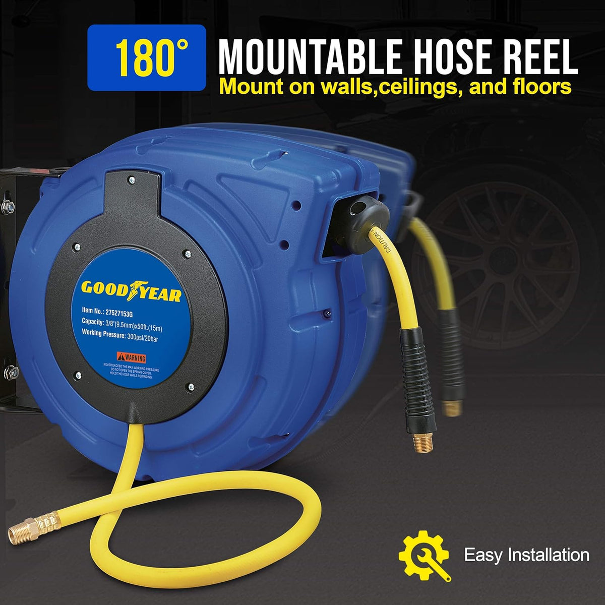 Retractable Air Hose Reel 3/8 Inch x 50 Foot Hybrid Polymer 300PSI Y265497