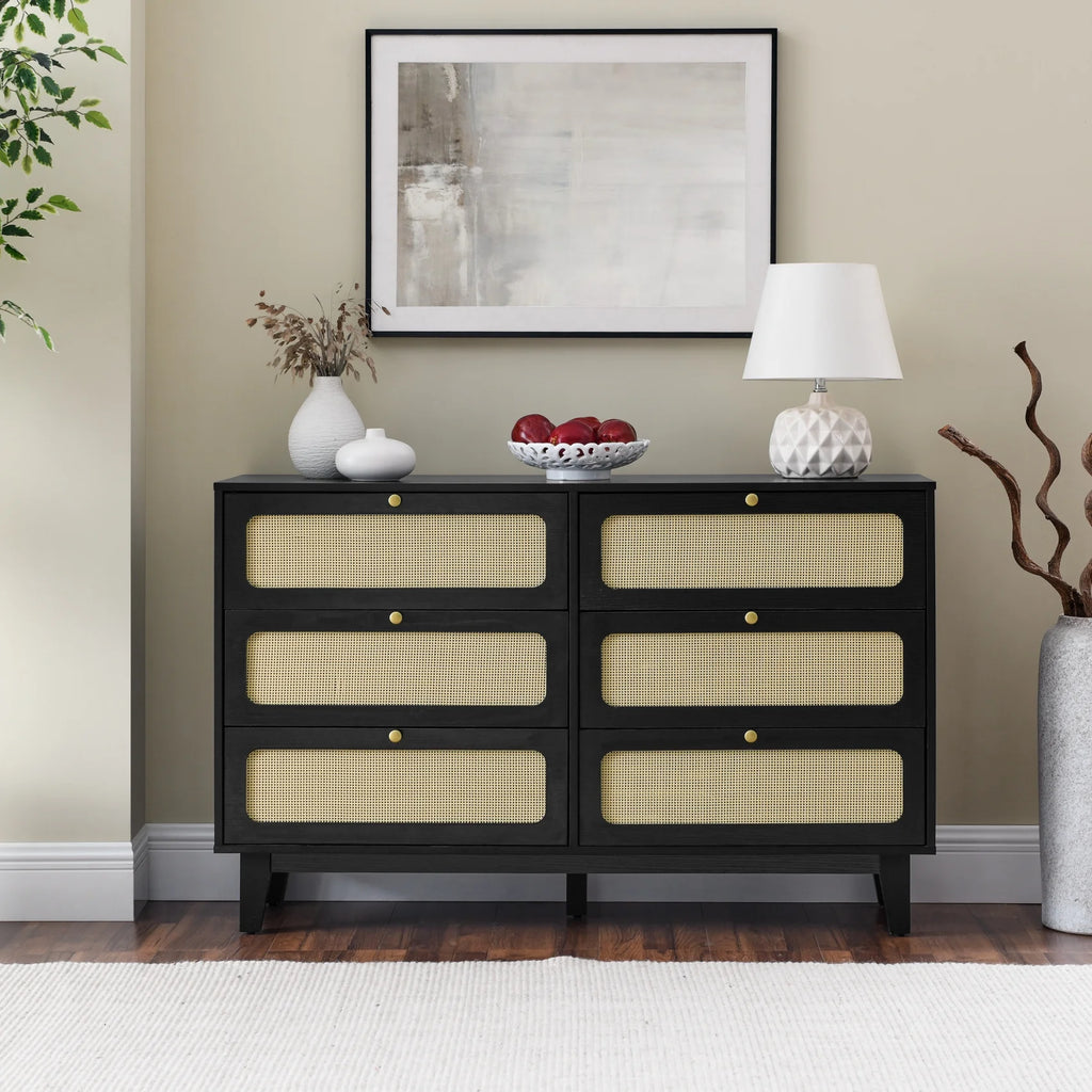 6 Drawer Wooden Dresser with Rattan Drawers X601