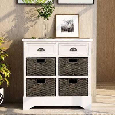 White Storage Cabinet with Two Drawers and Four Rattan Basket H180083