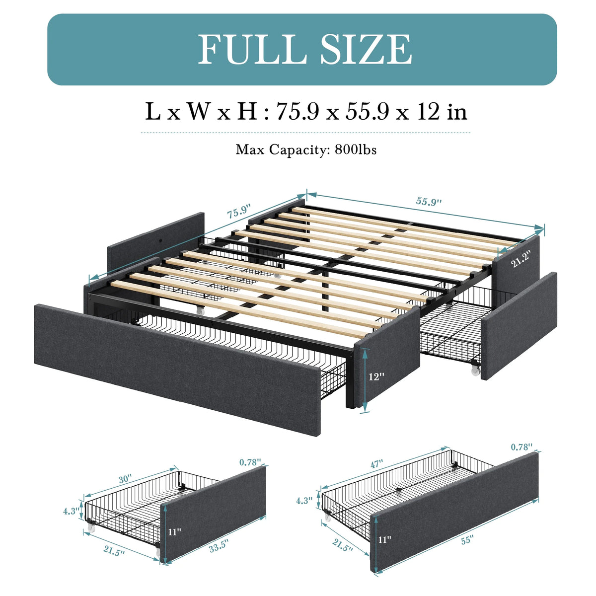 Dark Grey Full Size Platform Bed Frame with 3 Storage Drawers B8354