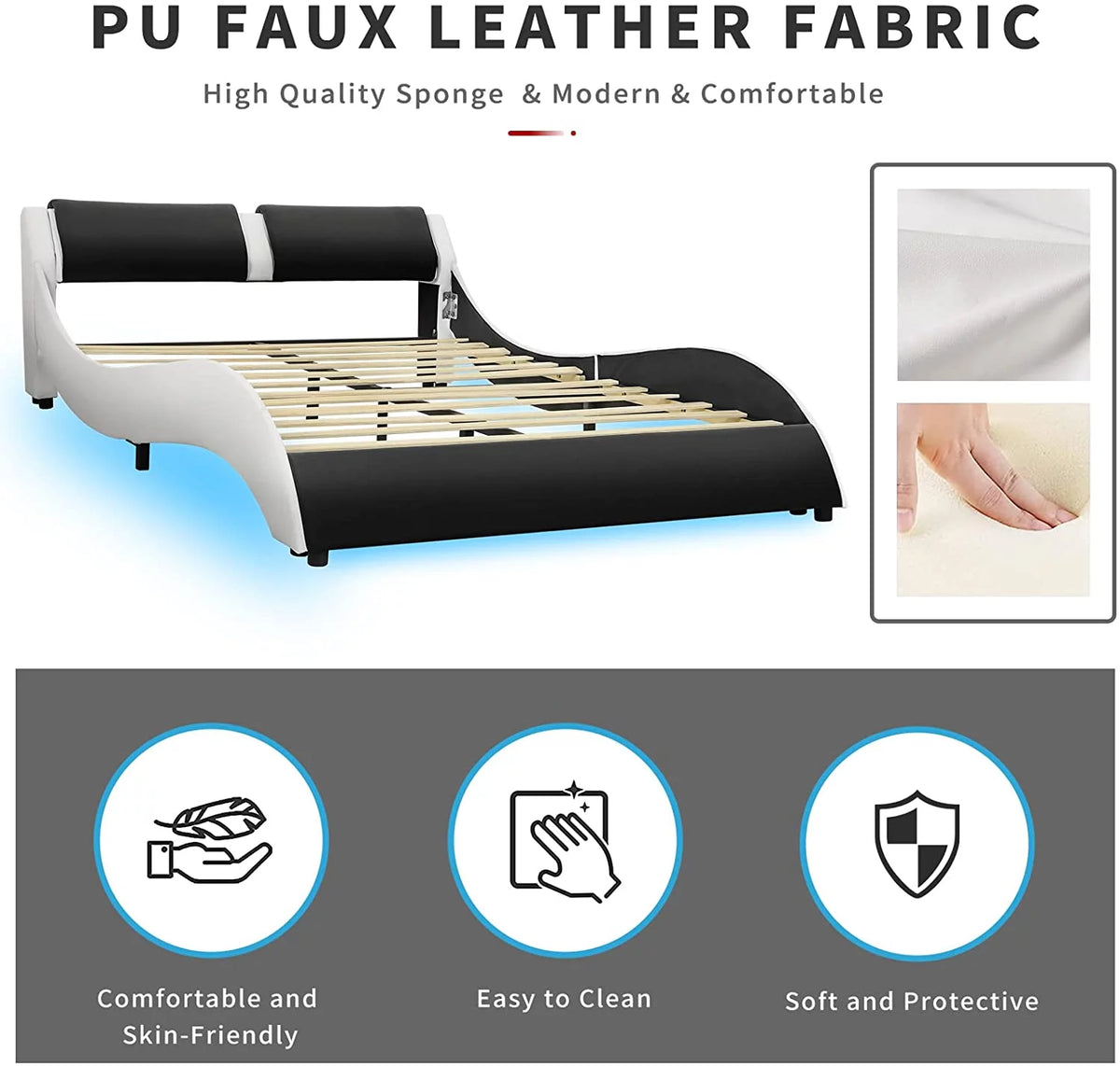 Queen Upholstered Platform Bed Frame with Faux Leather and Wooden Slats T4733