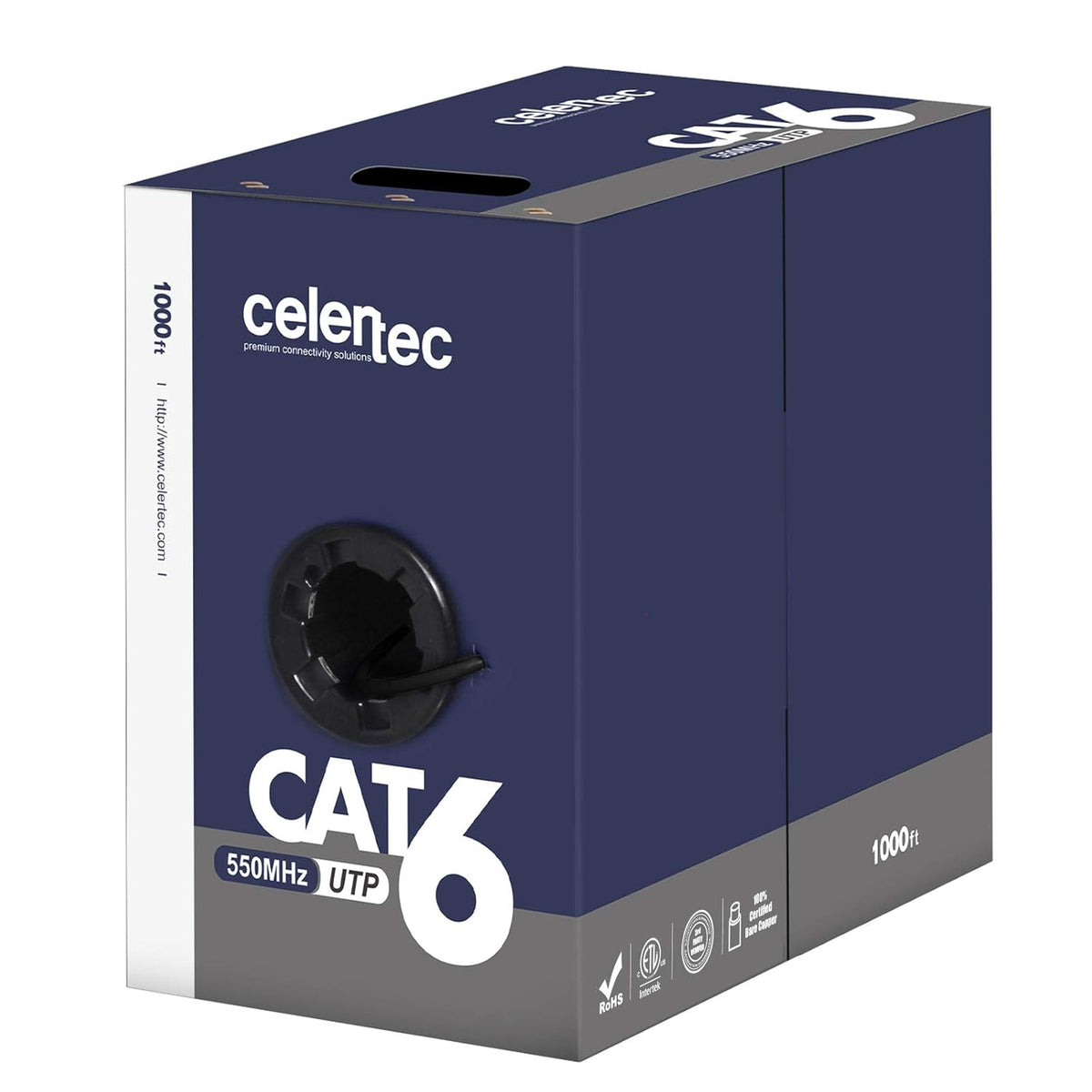 CAT6 Ethernet Cable, 1000ft, 23AWG Solid Bare Copper, UTP, 550MHz, Bulk Pull Box - Blue M275465