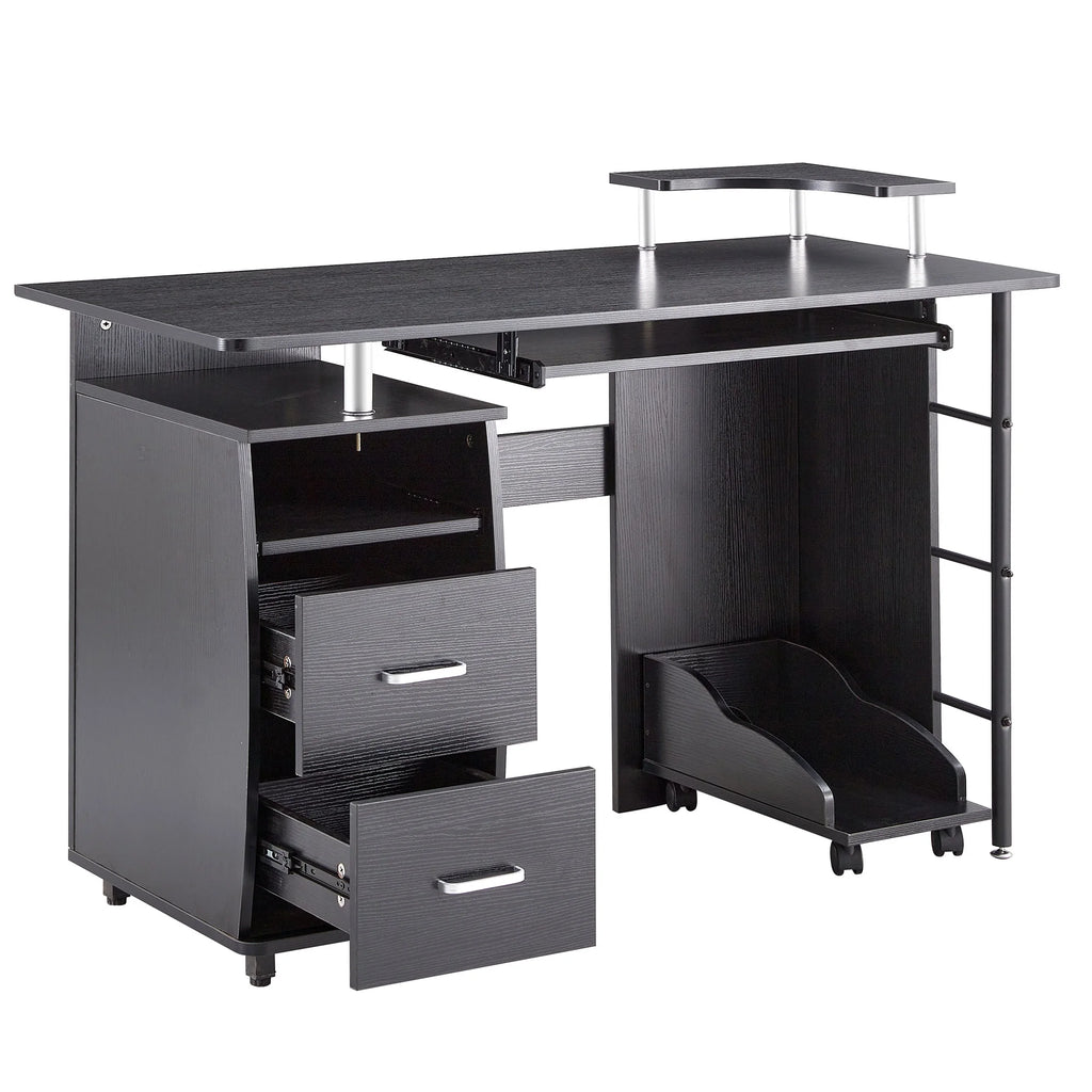 Black Single Solid Wood Computer Desk with Storage Shelves and File Cabinet E588982