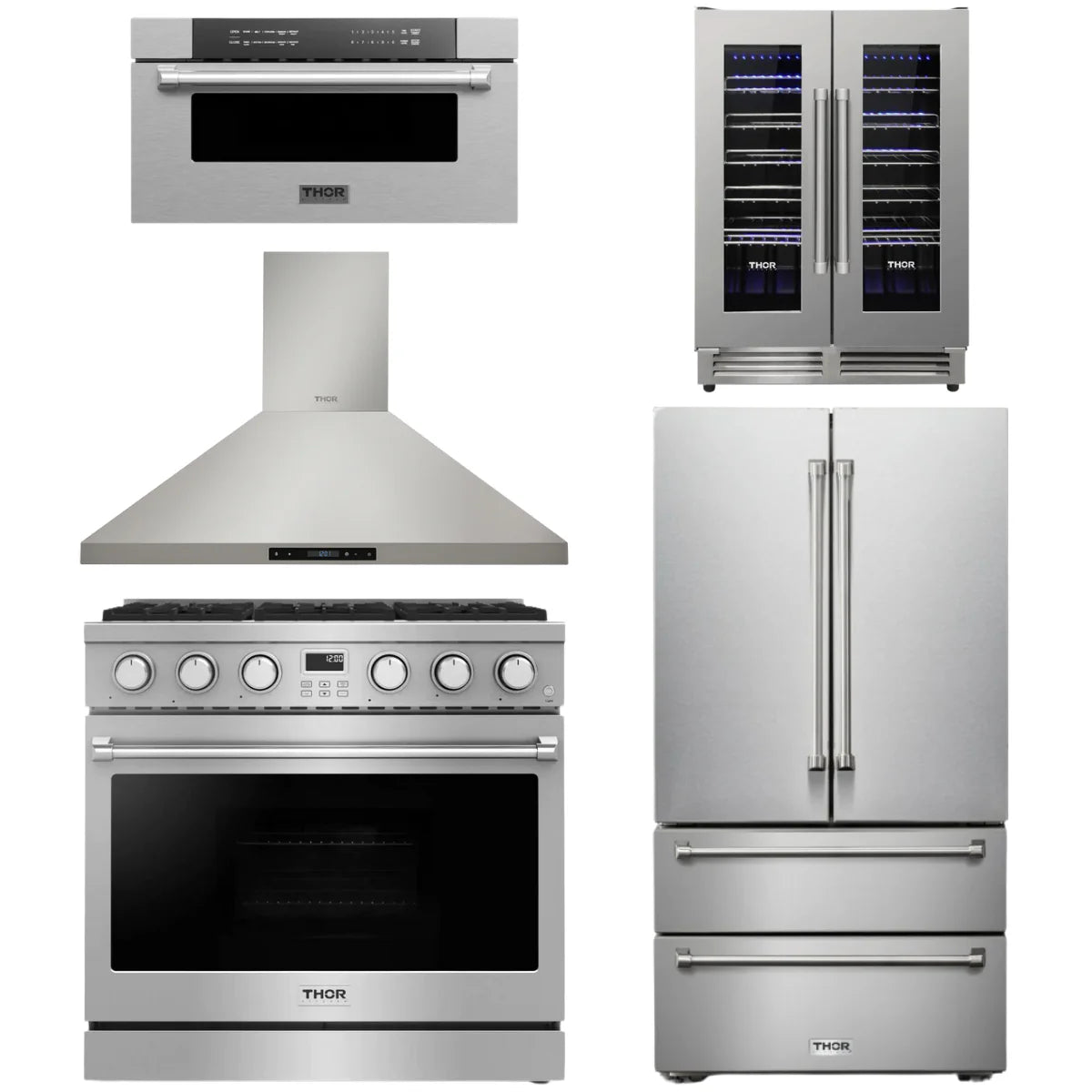 36 Gas Range, Range Hood, Refrigerator, Microwave and Wine Cooler E244