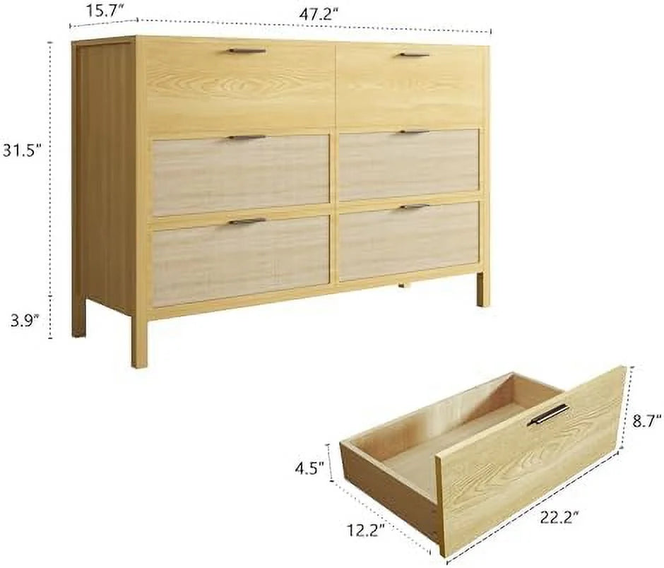 6 Drawer Natural Wood Rattan Dresser M46373
