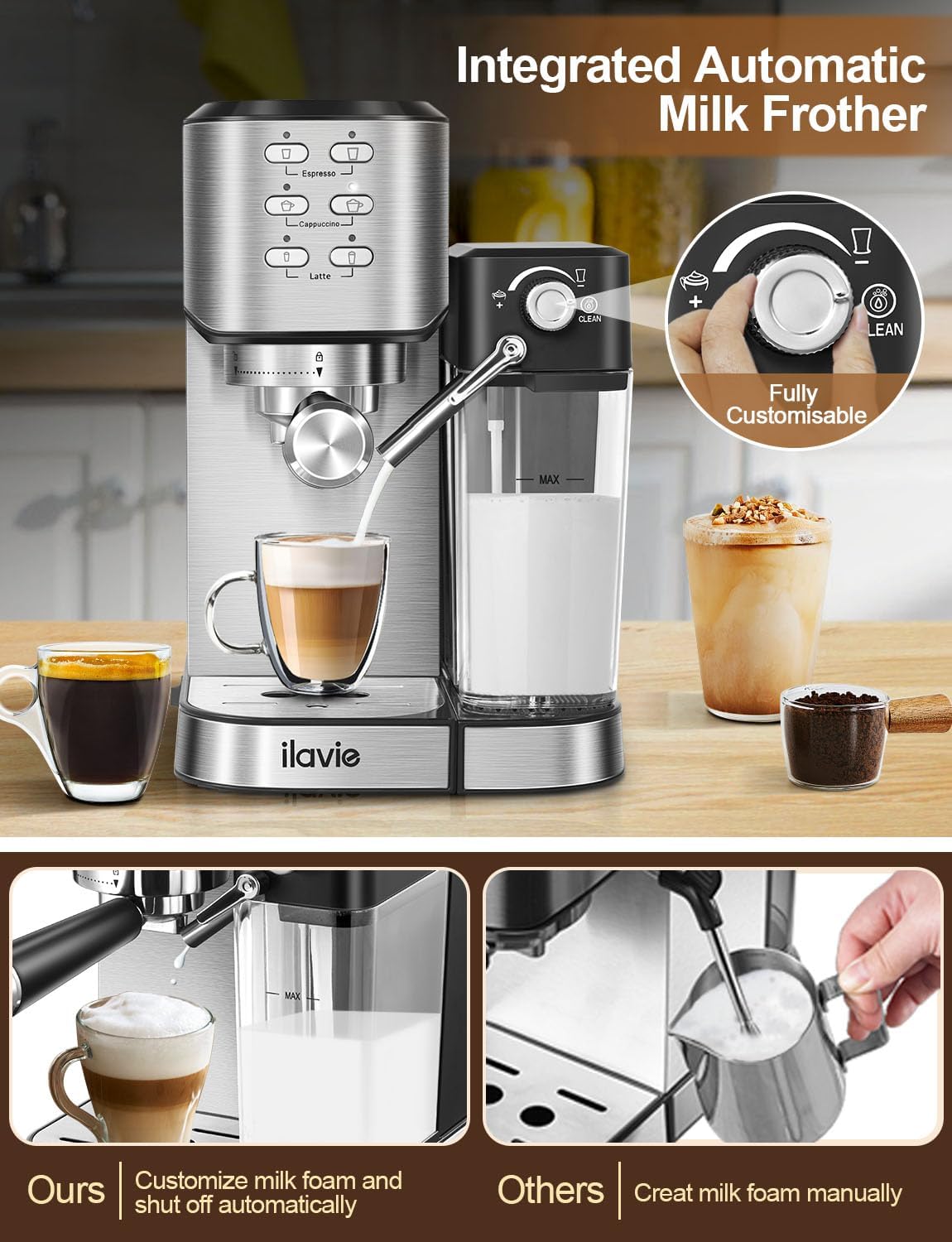 20 Bar 6 in 1 Espresso Coffee Machine with Milk Frother and 1000ML Water Tank K351695
