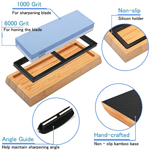 Double Sided 1000/6000 Grit Knife Sharpening Stone Kit with Bamboo Base and Angle Guide J81584