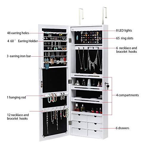 Jewelry Armoire with 8 LEDs, Lockable Large Storage Jewelry Cabinet, White C13189