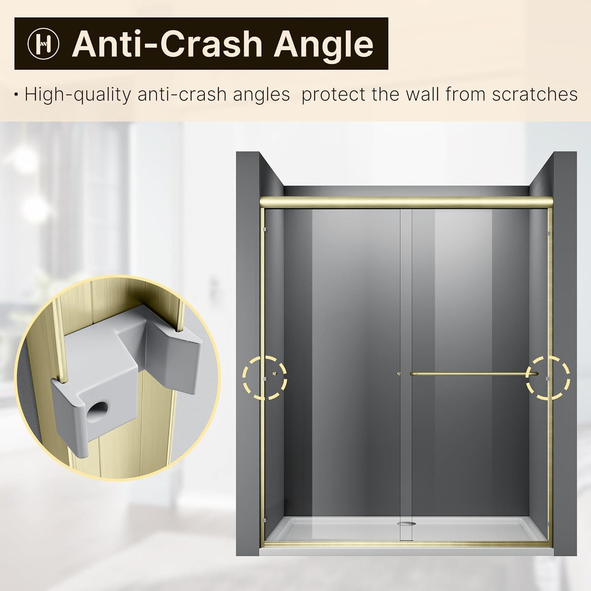 60 in. W x 72 in. H Double Sliding Semi-Frameless Shower Door, 1/4" Clear Tempered Glass, Brushed Gold Finish X6937