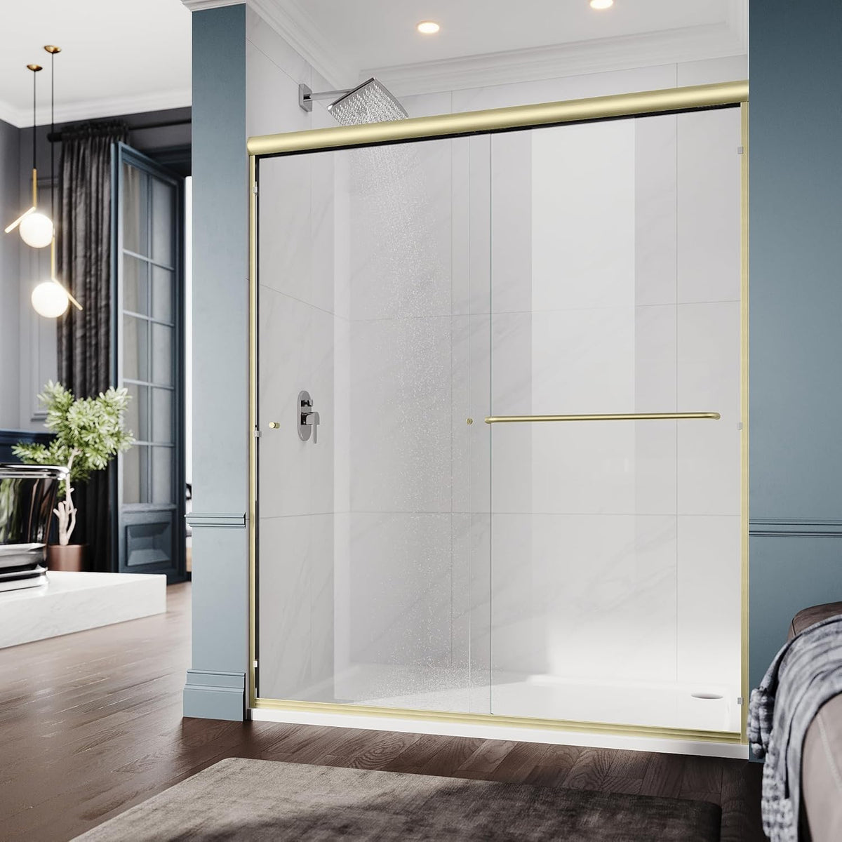 60 in. W x 72 in. H Double Sliding Semi-Frameless Shower Door, 1/4" Clear Tempered Glass, Brushed Gold Finish X6937