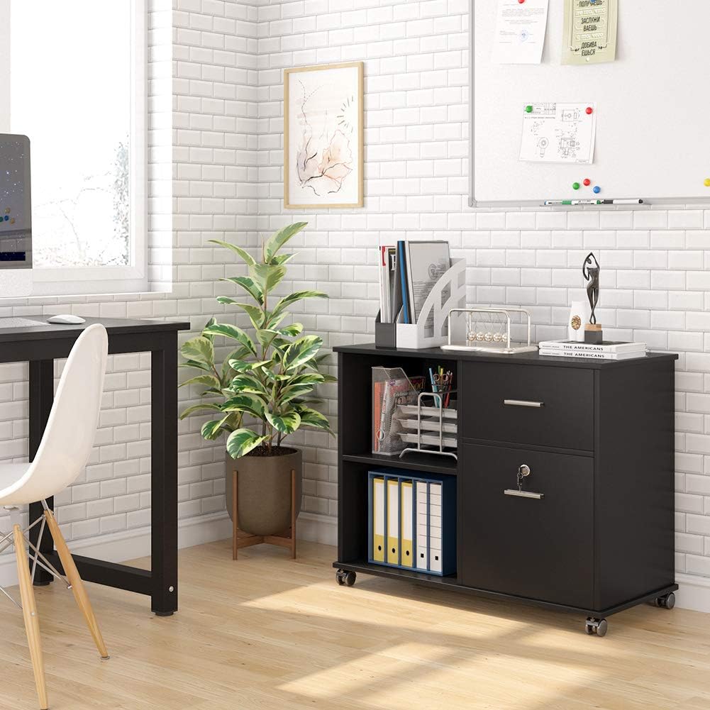 2 Drawer File Cabinet with Lock, Mobile Lateral Filing Cabinet with Wheels and Shelves H778