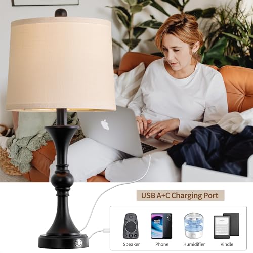 Black Fabric Drum Shade Table Lamps Set of 2 L29223