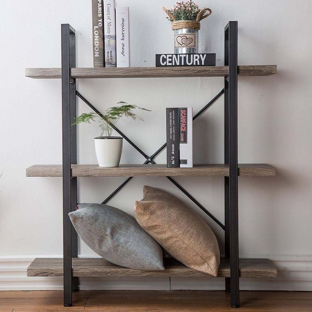 3-Shelf Rustic Industrial Bookcase H183