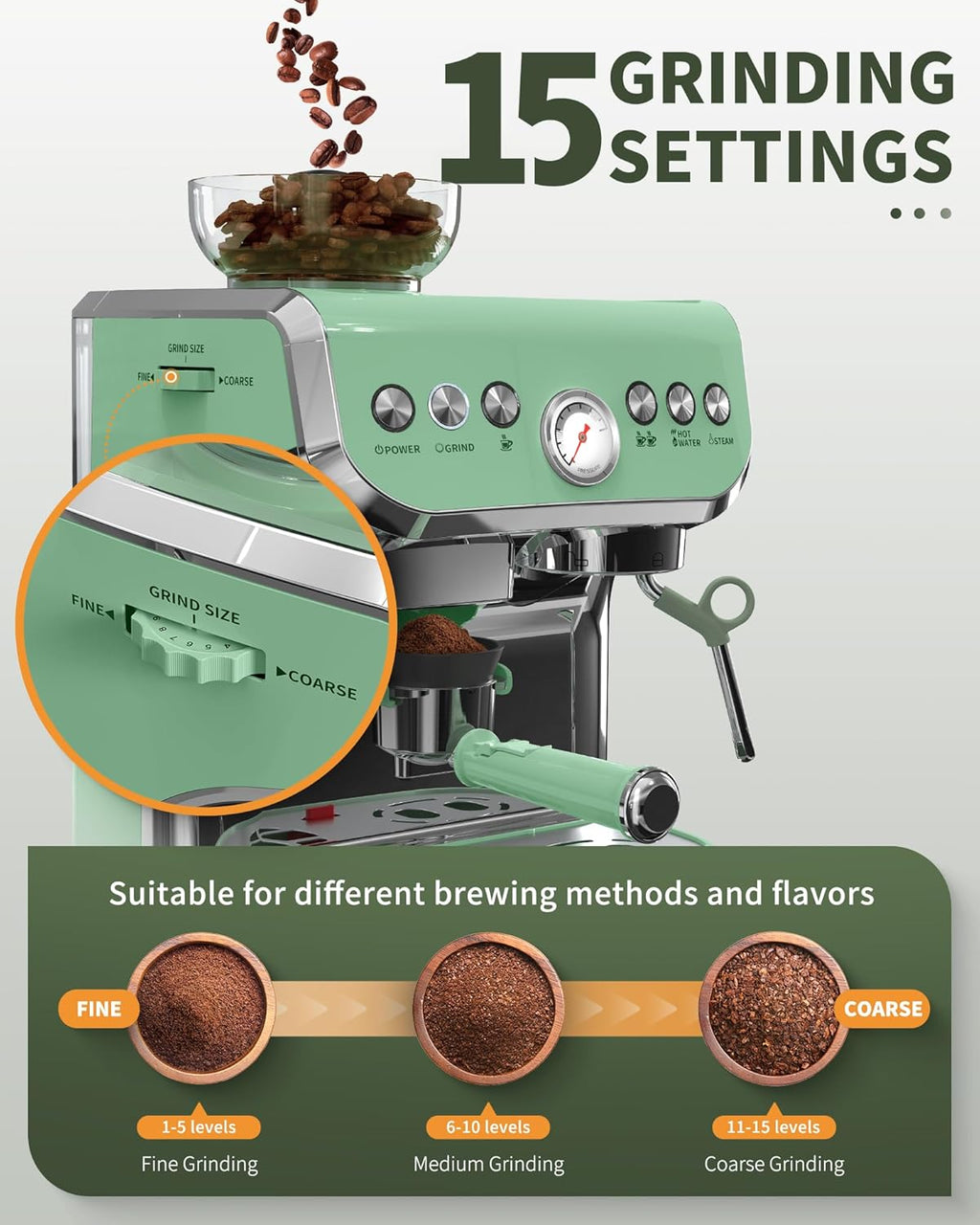 15 Bar Espresso Machine with Grinder and Steam Wand, 68Oz Water Tank, Green K23344