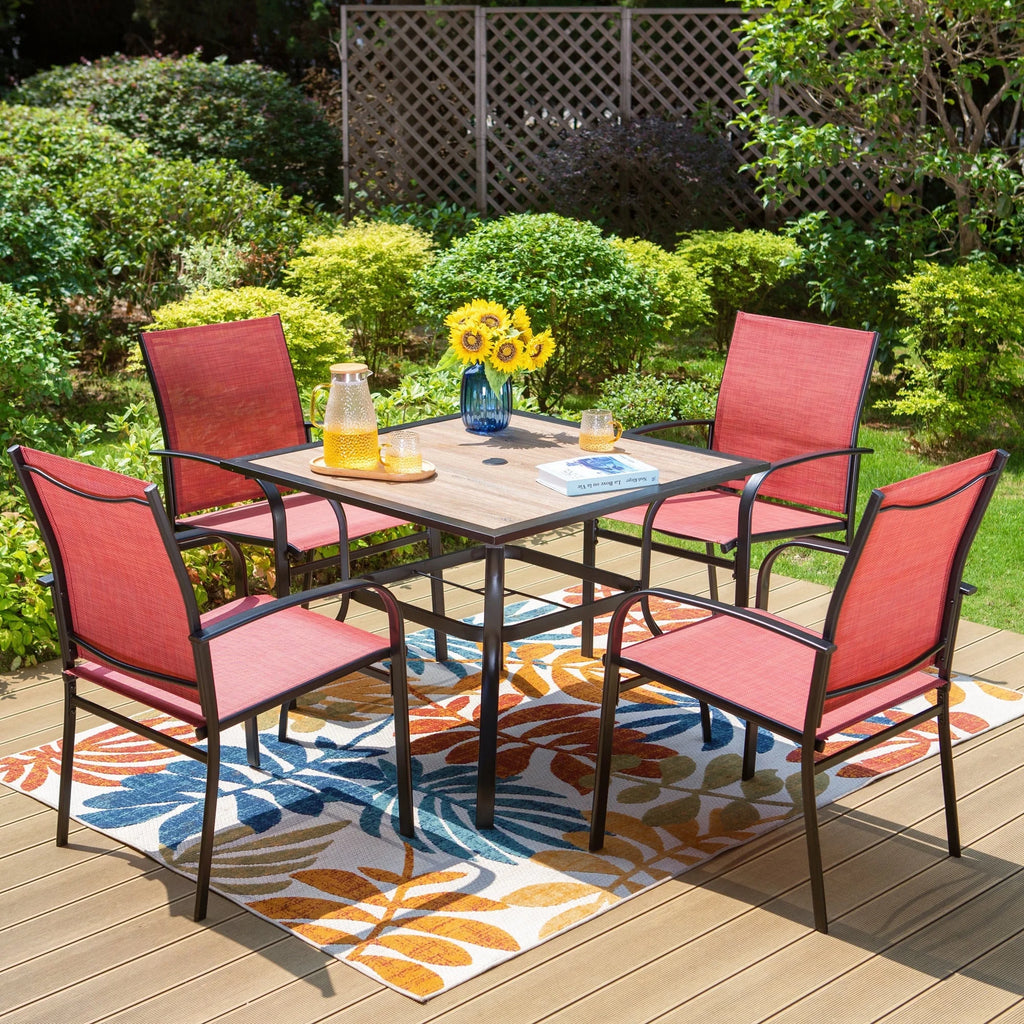 5-Piece Outdoor Patio Dining Set with Textilene Chairs & Wood Grain Table J289