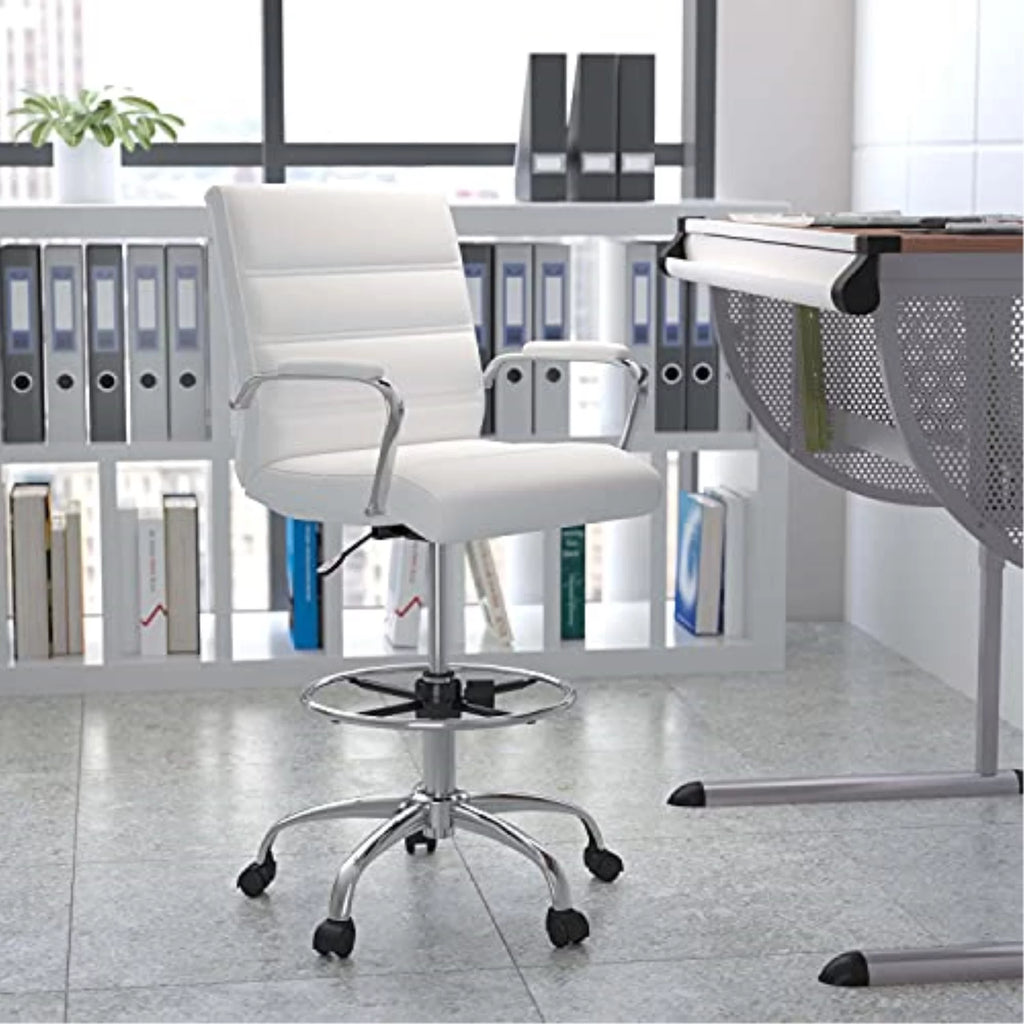 White Faux Leather Drafting Stool H2909