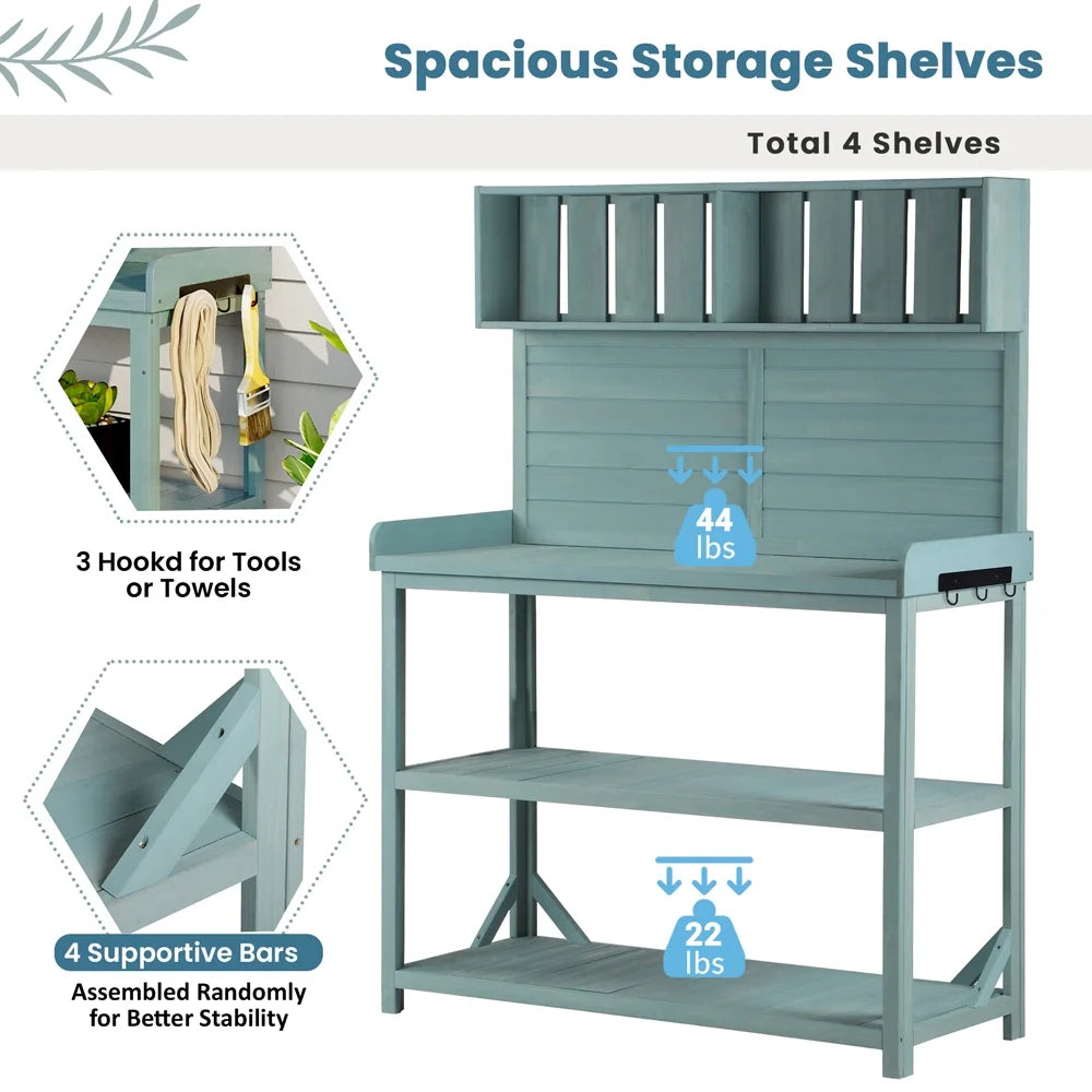 65" Green Wooden Potting Bench with 4 Storage Shelves C883781