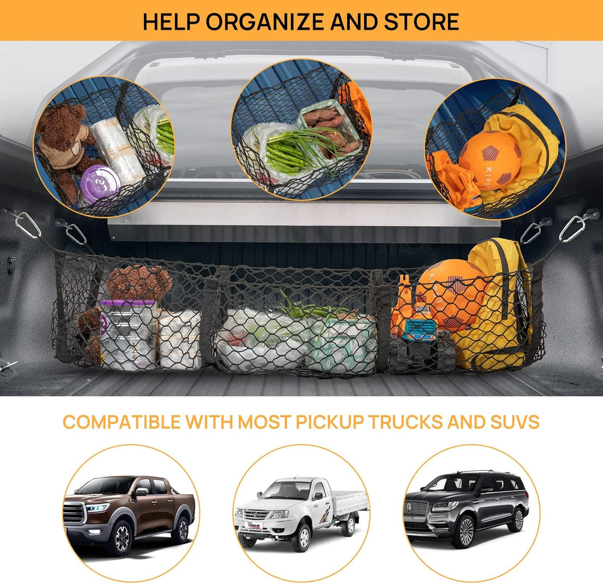 Cargo Net Trunk Bed Organizer with 4 Metal Hooks, 43.3×11.8 inch, Pack of 2 R36233