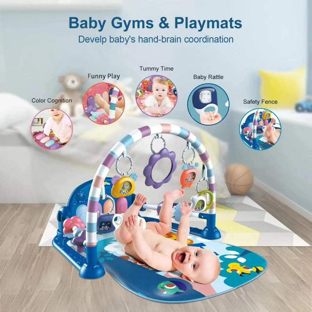 Baby Gym Play Mat 3 in 1 Fitness Rack with Music and Lights Blue W32707