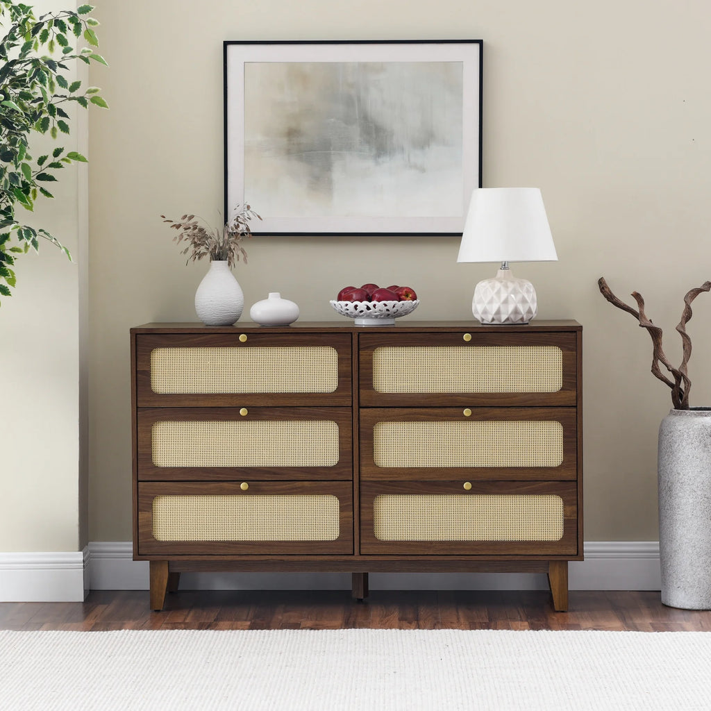 6 Drawer Wooden Dresser with Rattan Drawers X601