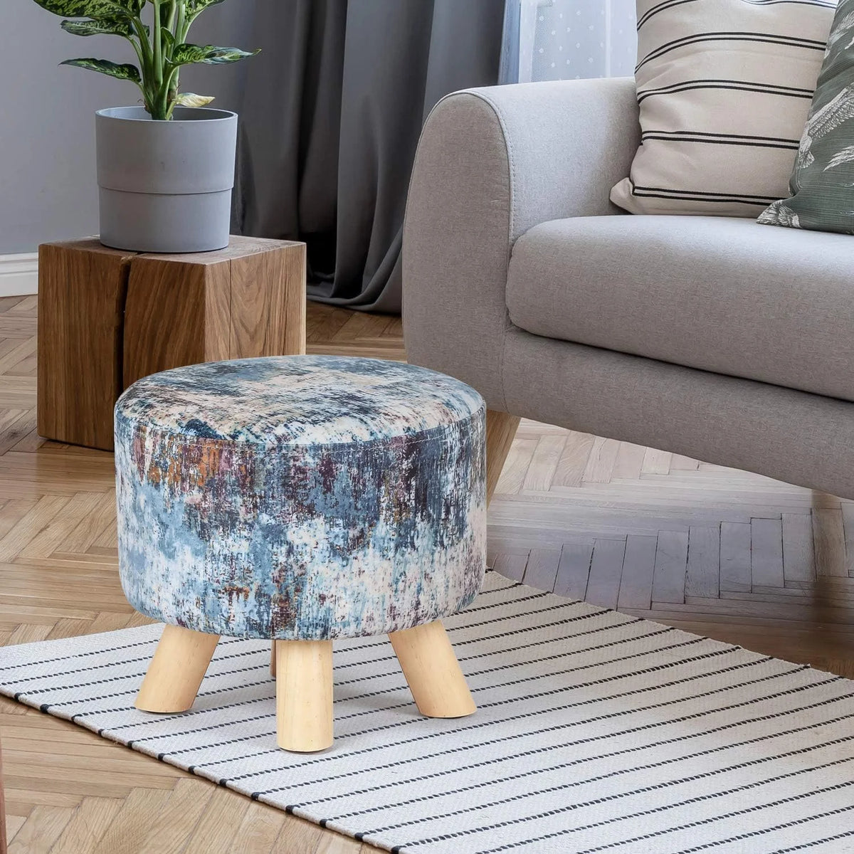 Round Linen Fabric Ottoman with Wooden Legs L48699