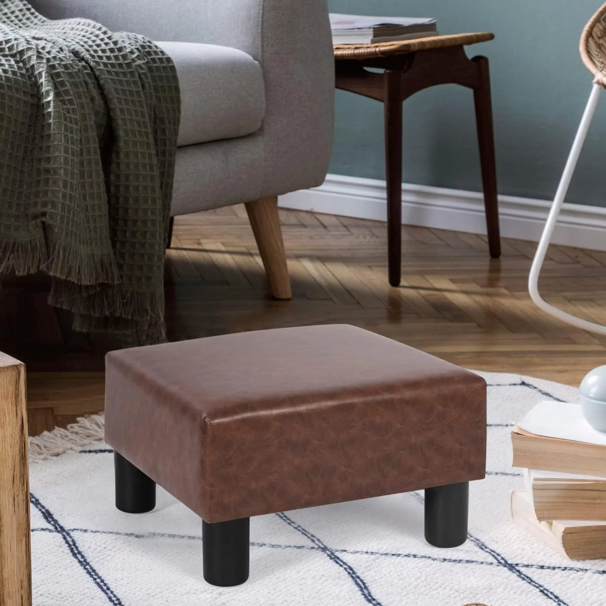 Dark Brown Faux Leather Square Footstool J75991