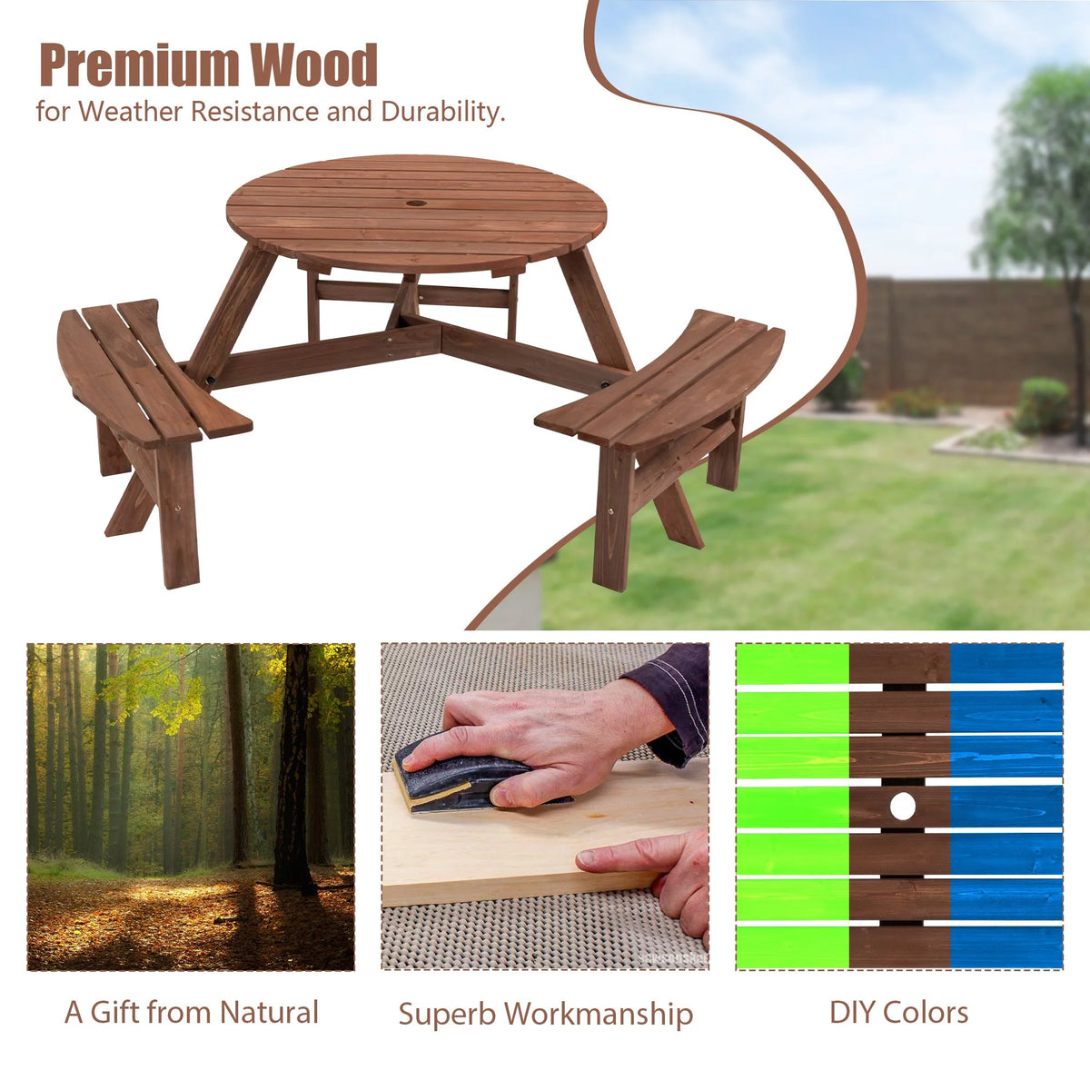 Wooden Picnic Table with Built-in Benches H54313