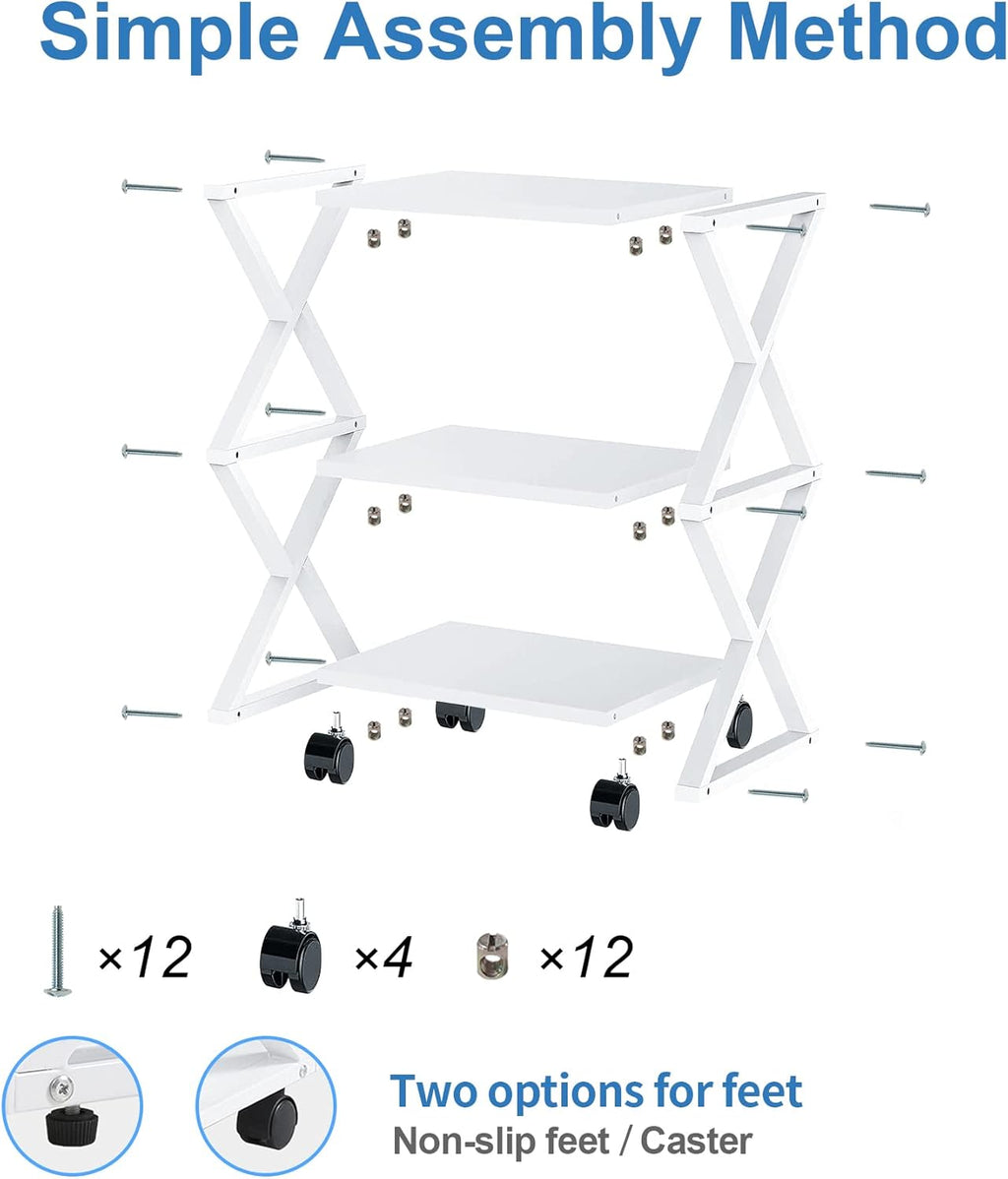 White 3 Tiers Printer Stand Cart with Storage Shelf on Wheels B623304