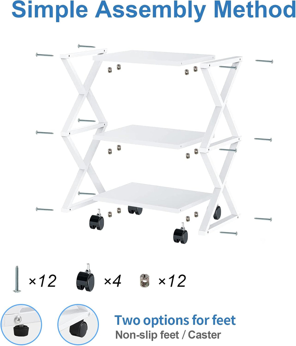 White 3 Tiers Printer Stand Cart with Storage Shelf on Wheels B623304
