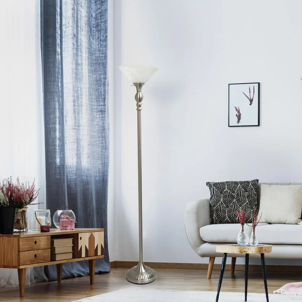 1 Light Brushed Nickel Torchiere Floor Lamp with White Glass Shade H857