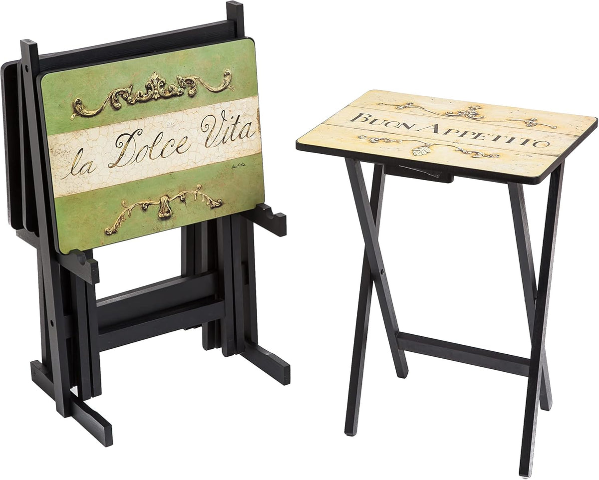 Wine Label TV Dinner Folding Trays with Storage Rack Set of 4 Y214503