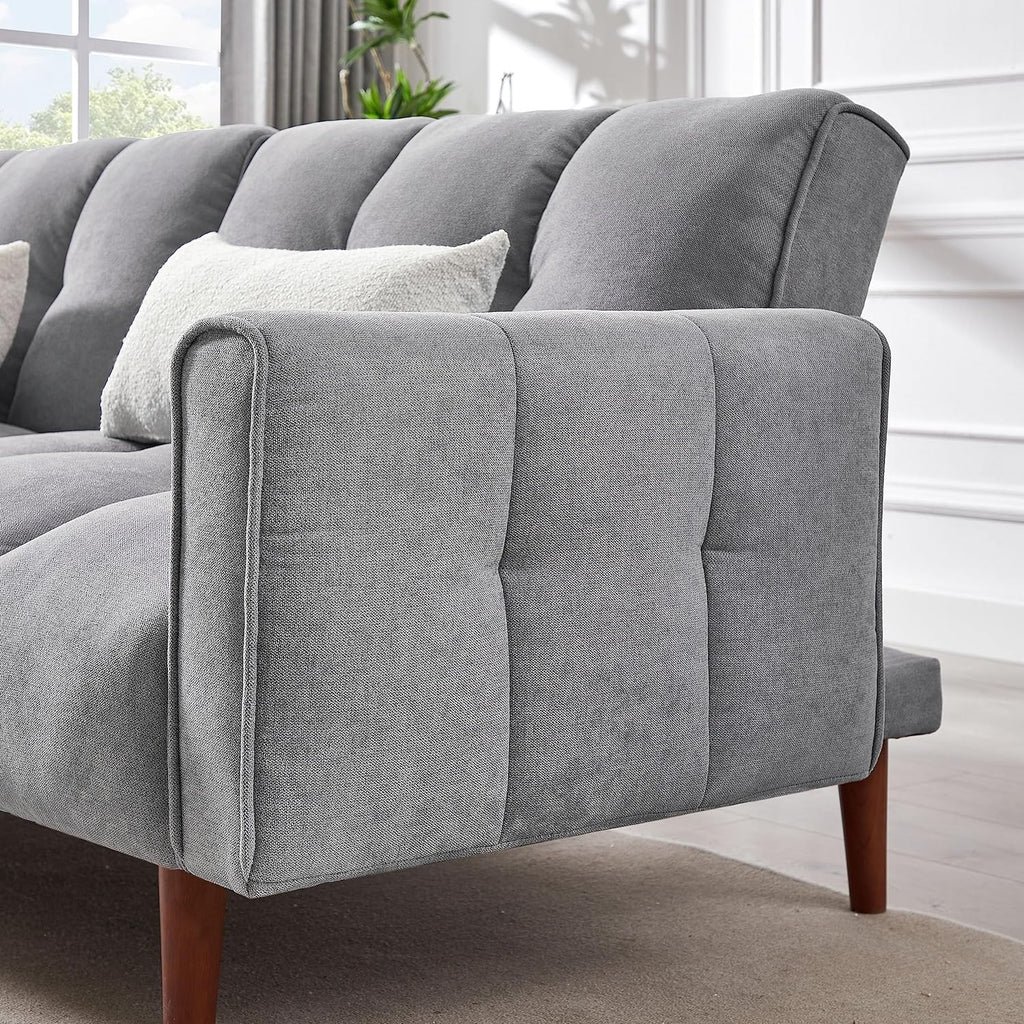 Grey Fabric Upholstered Futon Sofa Bed with Wooden Legs and 2 Pillows R1833